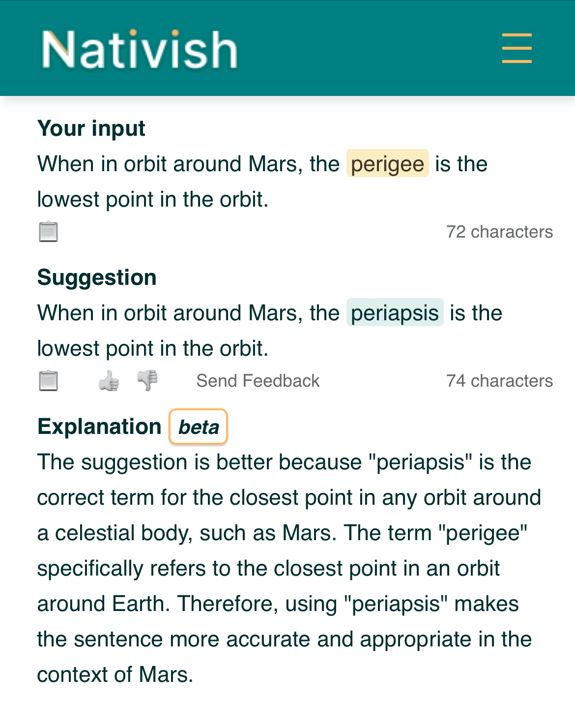 Nativish writing assistant app interface